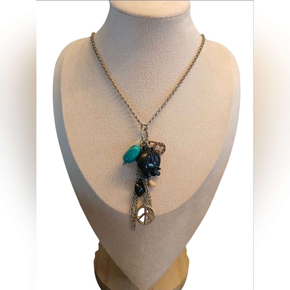 Boho-style multi-charm necklace, a peace sign, lock, elephant, heart charms 15"